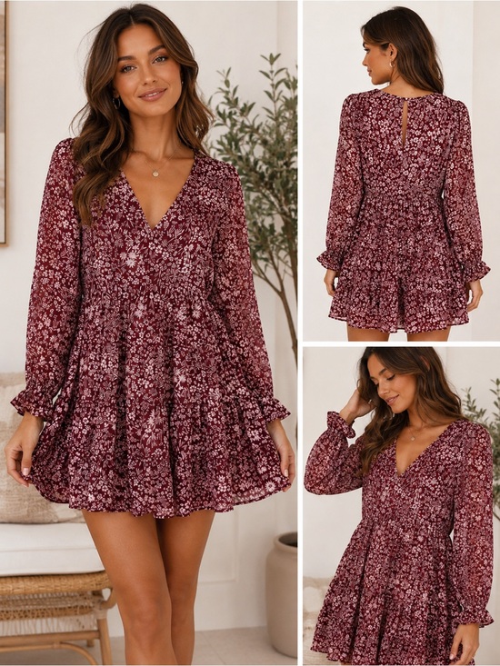 Eternal Sunshine Creations Dresses & Skirts - Eternal Sunshine Creations Burgundy Floral Long Sleeve Tiered Dress